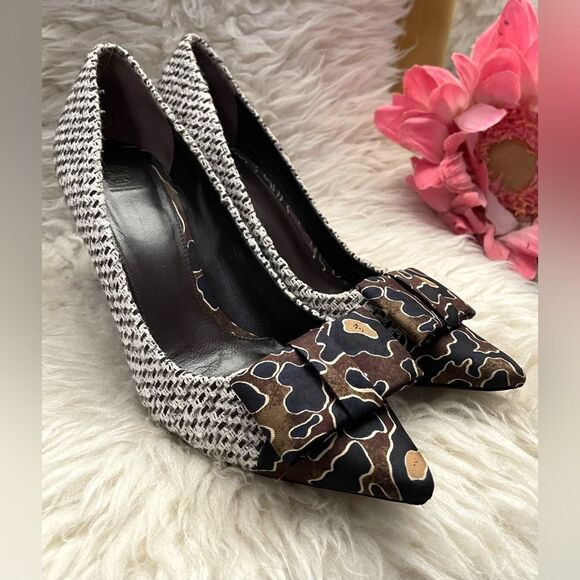 Tory Burch Heels Cleo Tweed Silk Bow Navy Mix Media 8.5 - Picture 2 of 13